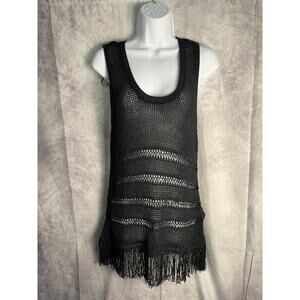ZARA Black Knit Fringe Tank Top Women’s Large Boho Crochet Festival Beach